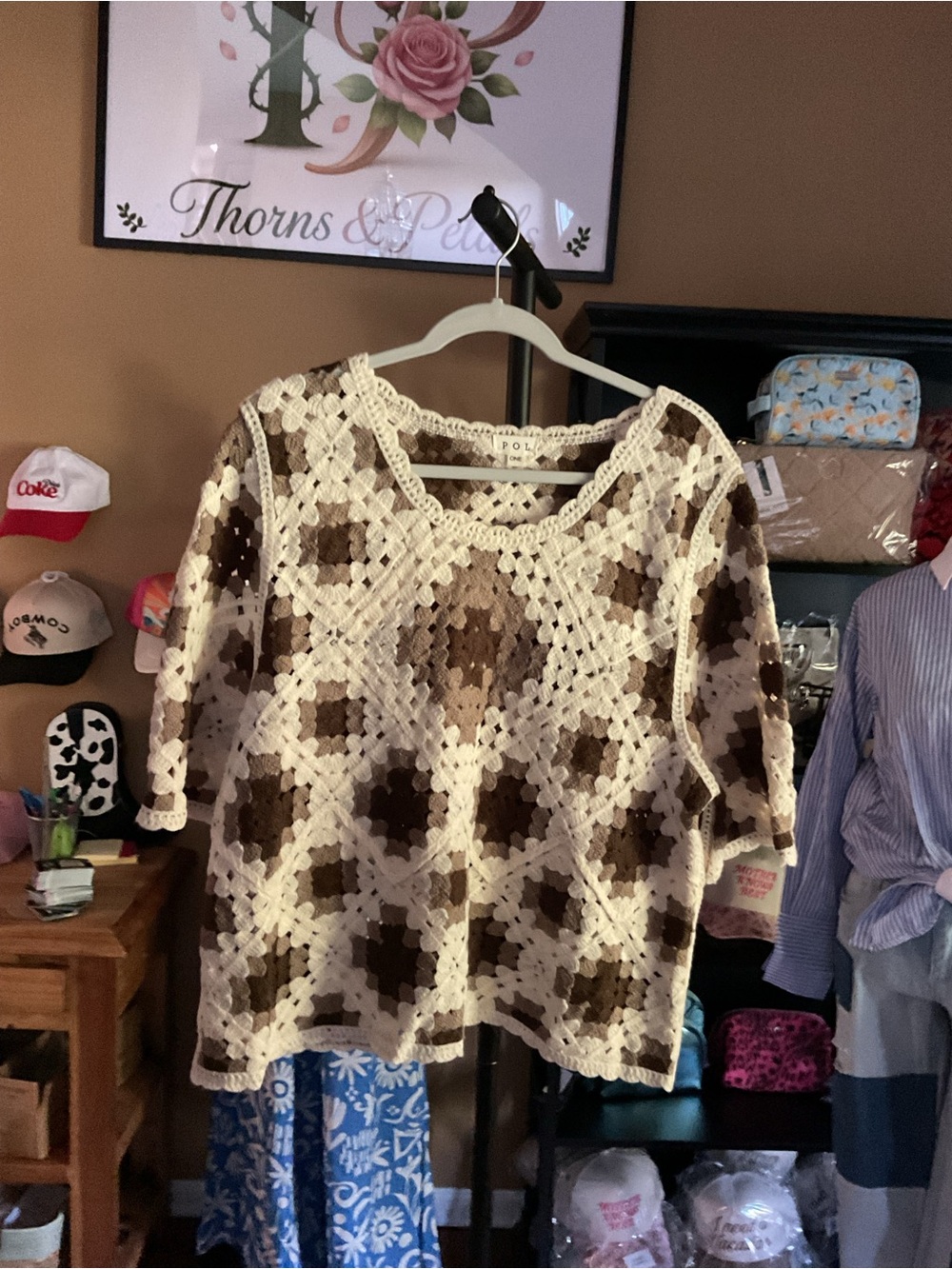 POL Crochet Boxy Short-Sleeve Top in Cream and Brown